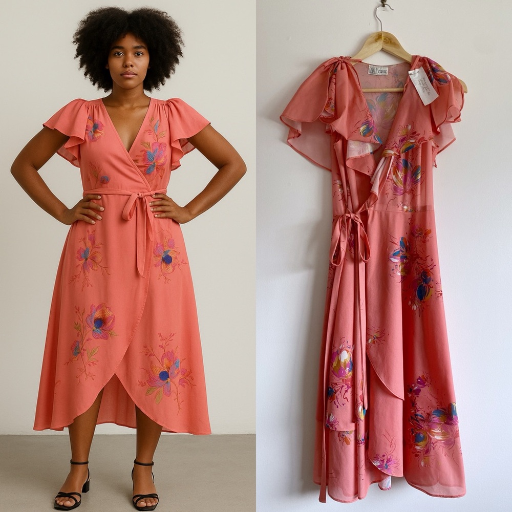 Vintage Orite 80s Pink Wrap Sundress with Flutter Sleeves